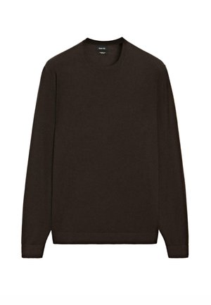 Dark brown long-sleeve crew neck sweater with a smooth texture, ribbed cuffs, and hem. Made from cotton or a cotton blend. Simple design.