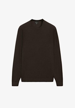 Dark brown long-sleeve crew neck sweater with a smooth texture, ribbed cuffs, and hem. Made from cotton or a cotton blend. Simple design.