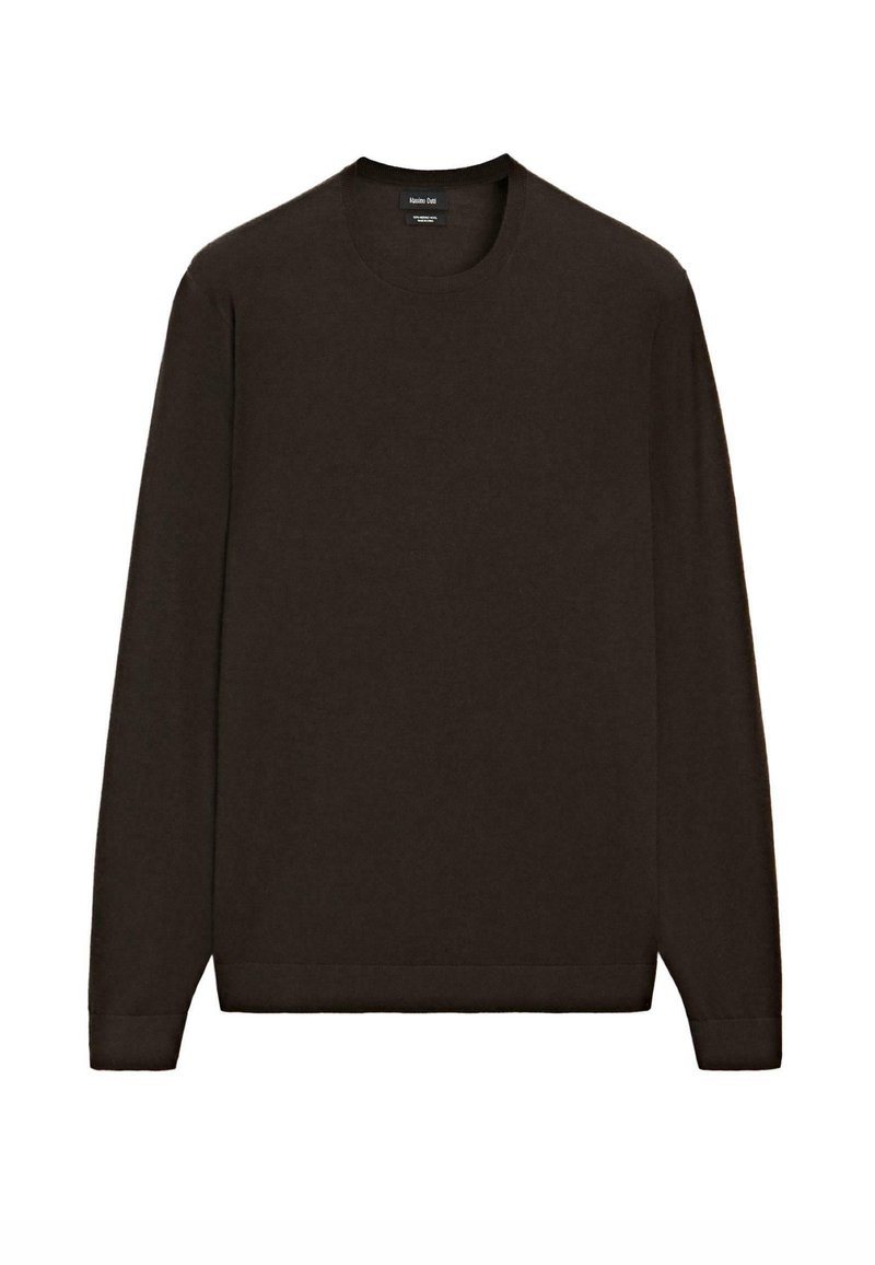 Donkerbruin langemouwen crewneck trui met een gladde textuur, geribbelde boorden en zoom. Gemaakt van katoen of een katoenmix. Eenvoudig ontwerp.