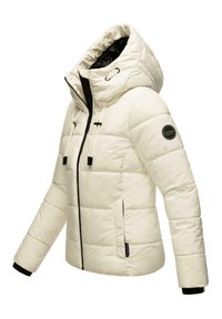 Padded white jacket with a hood, black accents, drawstring closure, side pockets, and ribbed cuffs. Smooth texture, quilted pattern.