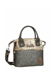 Bolso tipo satchel con parte superior beige con patrón, parte inferior gris, doble asa, correa desmontable y charms decorativos de metal.
