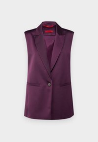 Ermeløs lila blazer med satinfinish, snittede lapels, enkel knappelukking og to sidelommer. Glatt tekstur, skreddersydd design.