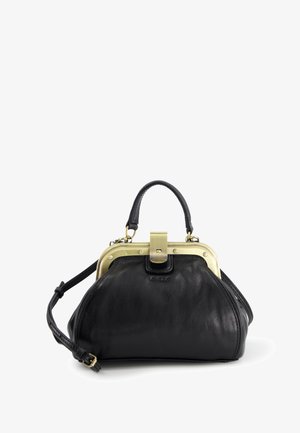 Black leather handbag with gold metal frame, top handle, and adjustable shoulder strap, set against a white background.