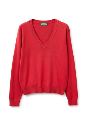 Czerwony sweter z długim rękawem i dekoltem w serek, z prążkowanymi mankietami i plisą, wykonany z cienkiej dzianiny, metka z napisem United Colors of Benetton.