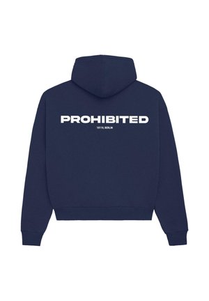 Navy blue hooded sweatshirt with white text "PROHIBITED" and "10119, BERLIN" on the back. Soft fabric, relaxed fit, ribbed cuffs and hem.