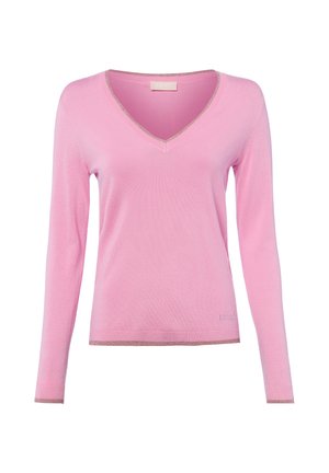 Pull rose à manches longues et col en V avec un léger liseré métallique sur le col, les poignets et l'ourlet, présenté sur un fond blanc.