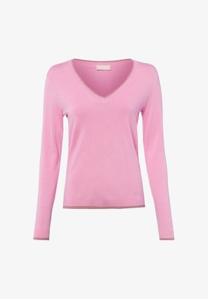 Roze lange mouw V-hals trui met subtiele metallic afwerking aan de kraag, manchetten en zoom, weergegeven op een witte achtergrond.