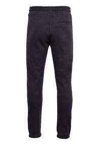 Pantalones de chándal gris oscuro hechos de una tela suave, con cintura elástica, puños elásticos y un único bolsillo en la parte posterior.