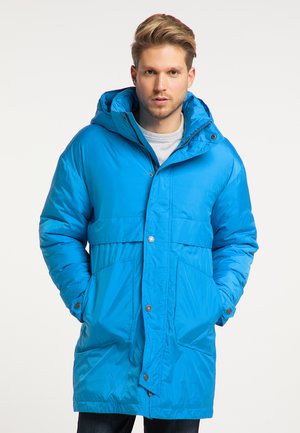 Blauwe gewatteerde parka-jas met een capuchon, voorzien van een rits aan de voorkant, drukknoopsluitingen, twee grote zijzakken en een gestructureerde stof.