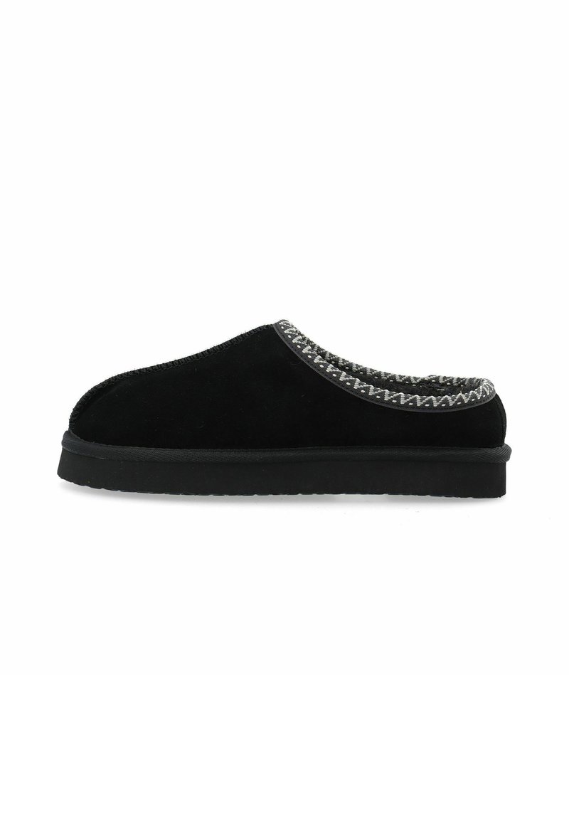 Black slip-on slipper with cushioned sole and patterned gray fabric lining around the opening, shown in side profile on white background.