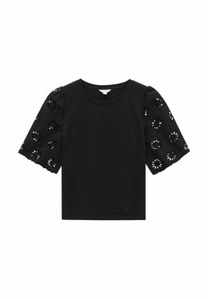 Sort T-shirt med korte pufærmer med hulbroderi og blomsterudskæringer. Glat stof med rund hals.