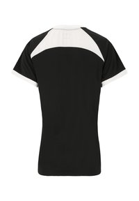 Svart idrottströja med korta ärmar, vit krage och en kontrasterande vit bakpanel. Tillverkad av lättviktig tyg med en mjuk textur.