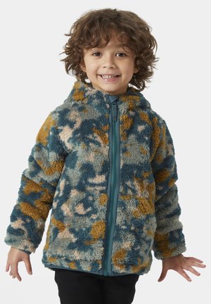 Vachtige zip-up jas in multicolor fleece met blauwe, beige en oranje vlekken, met een hoge kraag en elastische manchetten.