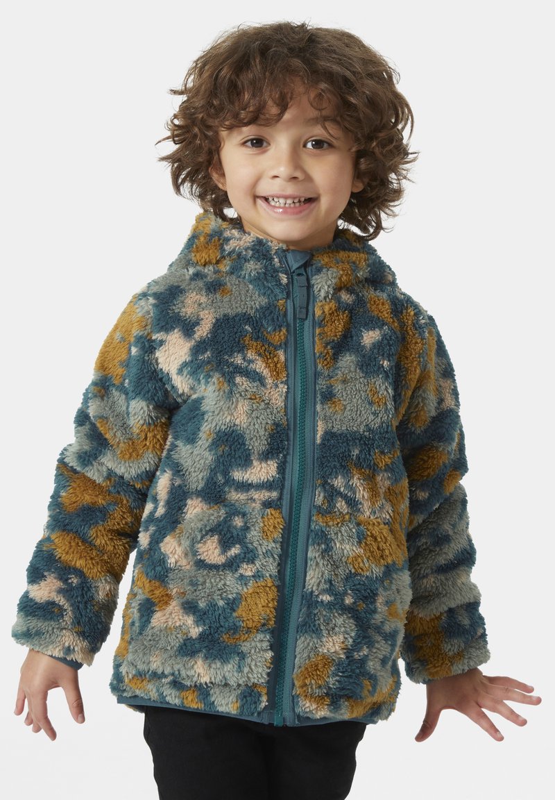 Giacca zip-up pelosa in pile multicolore con toppe blu, beige e arancione, dotata di un colletto alto e polsini elasticizzati.