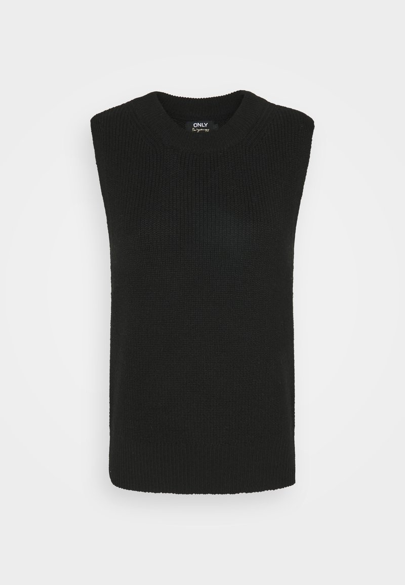 Gilet en tricot noir sans manches avec encolure ronde côtelée et ourlet, présenté sur un fond blanc uni.