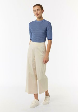 Blue knit top with short sleeves, paired with beige wide-leg trousers and white sneakers; smooth texture, horizontal stripe pattern.