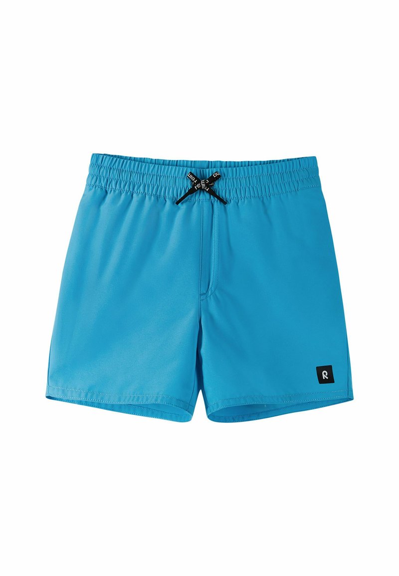 Niebieskie kąpielówki wykonane z lekkiego materiału, z elastycznym pasem ze sznurkiem oraz małą czarną metką z logo z boku.