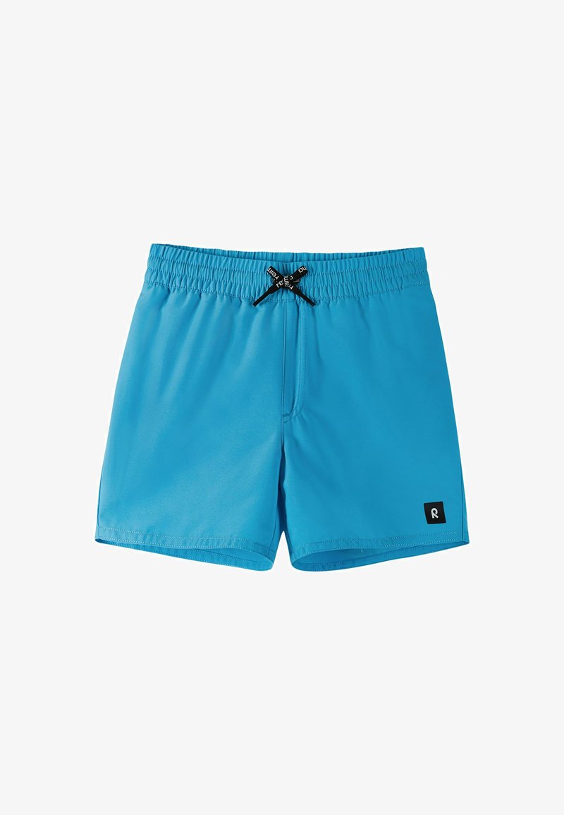 Niebieskie kąpielówki wykonane z lekkiego materiału, z elastycznym pasem ze sznurkiem oraz małą czarną metką z logo z boku.