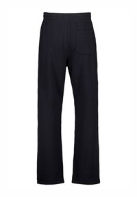 Pantalones de chándal negros de tela suave, con una cinturilla elástica, piernas rectas y un bolsillo trasero en el lado derecho.
