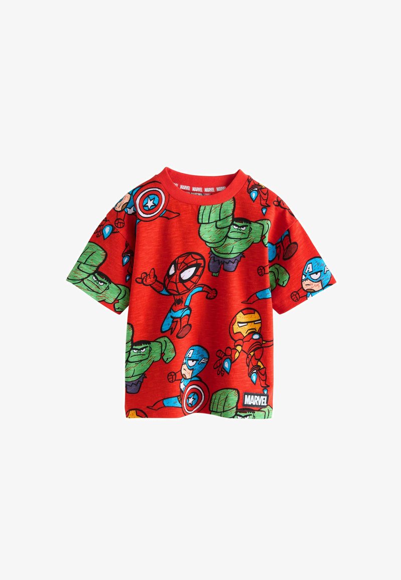 Rotes Baumwoll-T-Shirt mit einem bedruckten Design von Marvel-Superhelden, darunter Spider-Man und Hulk, mit Rundhalsausschnitt und kurzen Ärmeln.