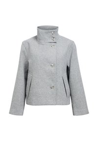 Hellgraue Wollmischung-Jacke mit hohem Kragen, vier Knöpfen und zwei vorderen Taschen. Besitzt eine strukturierte Passform und eine glatte Textur.