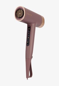 Remington hårføner i matt mauve med gullfarge. Har en rund grill, tre kontrollknapper, og en ledning med opphengsløkke.