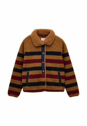 Gemütliche braune Fleecejacke mit roten und marineblauen horizontalen Streifen, Druckknöpfen, großem Kragen und zwei Seitentaschen. Mit kontrastierendem Besatz.