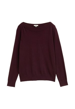 Maglione a maniche lunghe di lana lavorata a maglia di colore viola scuro, con un ampio scollo a costine e polsini e orlo a costine, posato su uno sfondo bianco.