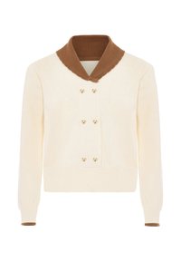Cremefarbener Pullover mit langen Ärmeln, braunem ribbeltem Schalkragen und sechs goldenen herzförmigen Knöpfen auf der Vorderseite.