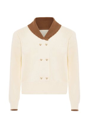 Cremefarbener Pullover mit langen Ärmeln, braunem ribbeltem Schalkragen und sechs goldenen herzförmigen Knöpfen auf der Vorderseite.