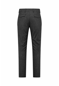 Grijze broek van gestructureerde stof, voorzien van twee achterzakken en een rechte pijpdesign. De tailleband heeft lussen voor een riem.