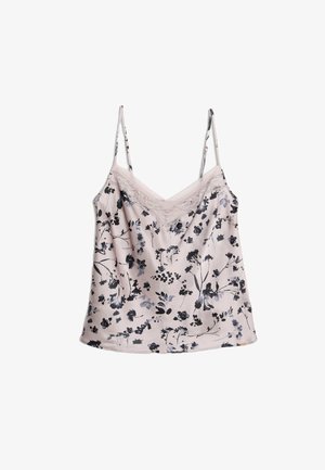 Débardeur à imprimé floral en rose clair avec des fleurs bleu foncé et noires. Doté de bretelles fines et d'une bordure en dentelle le long de l'encolure. Tissu doux.