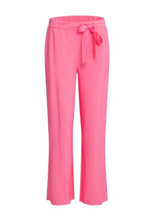 Pink, lightweight pants with a loose design, elastic waistband, and a tied belt. Fabric texture is smooth and slightly crinkled.