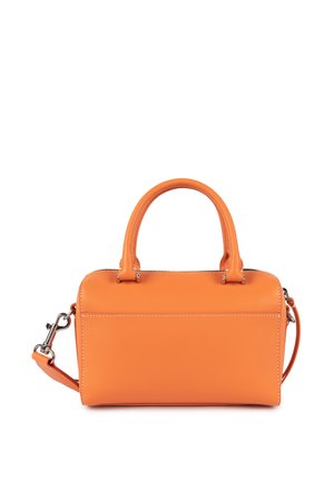 Borsa a mano in pelle arancione con manici superiori doppi, tracolla staccabile e cuciture bianche in contrasto. Texture liscia, forma rettangolare.