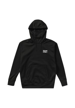 Zwarte hoodie gemaakt van zachte stof, met een voorzak, lange mouwen en een wit logo op de borst.
