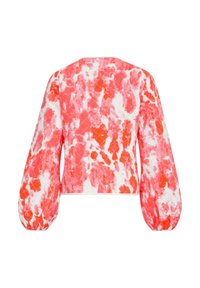 Kort top met een opvallend roze en witte tie-dye patroon, lange ballonmouwen en een gestructureerde stof met een licht boxy vorm.