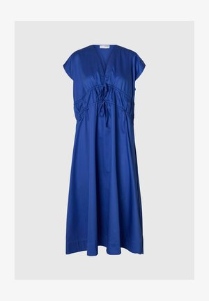 Blue knee-length dress with V-neck, short sleeves, and ruched detail with adjustable ties at the waist.