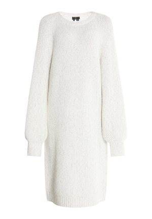 Krämfärgad stickad klänning med avspänt snitt, med långa puffärmar och ribbad textur genom hela plagget. Rund halsringning, knälängd.
