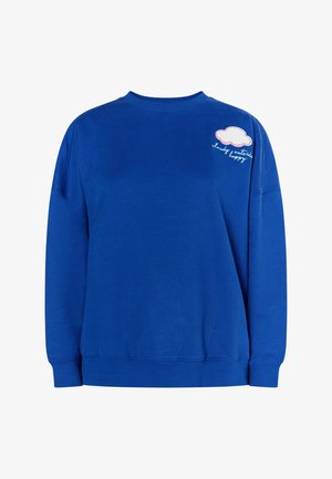 Blaues Sweatshirt aus Baumwolle mit Rundhalsausschnitt. Verfügt über ein gesticktes Wolkendesign auf der linken Schulter mit Text darunter.