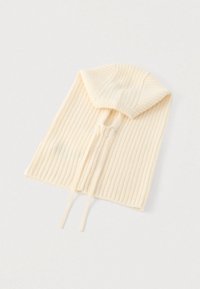 Κρεμ κασκόλ με κουκούλα και ριμπ ύφασμα, με κορδόνι για κλείσιμο, μαλακή υφή και εφαρμογή που αγκαλιάζει το λαιμό.