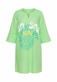 Light green knee-length dress with bell sleeves, keyhole neckline, and a blue spiral shell design with "SALU SALU SUN" text on front.