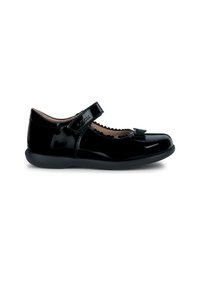 Zapato de charol negro estilo Mary Jane con punta redondeada, borde festoneado, acento de lazo y una correa de Velcro para un ajuste fácil.