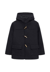 Svart huva dufflejacka med tre träknappar och två framfickor med lock, designad för kallt väder.