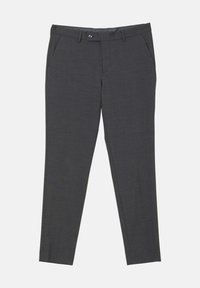 Graue Hose aus glattem Stoff; mit Knopfverschluss und zwei seitlichen Taschen; schlanke Passform mit subtiler Textur.