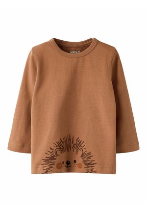 Brown long-sleeve shirt in soft cotton featuring a printed hedgehog design at the bottom, with light-colored accents for facial features.