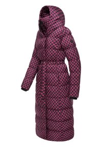 Padded long coat in pink and black houndstooth pattern, featuring a hood, belt, and elasticized cuffs for warmth and comfort.