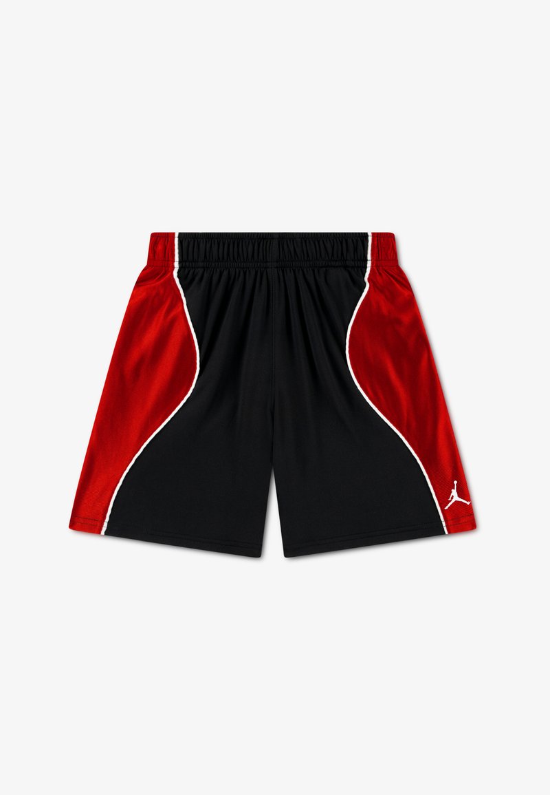 Μαύρο αθλητικό σορτς με κόκκινα πλαϊνά πάνελ, λευκή περιμετρική ραφή και μικρό λογότυπο στο κάτω δεξί μέρος. Κατασκευασμένο από ελαφρύ ύφασμα. Ελαστική μέση.