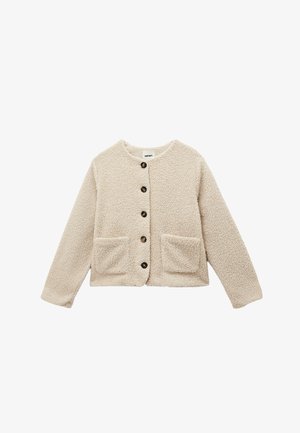 Cardigan beige dalla texture morbida con scollo rotondo, chiusura frontale con bottoni e due tasche anteriori. Presenta dettagli con bottoni scuri.
