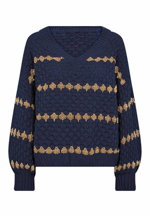 Laivastonsininen neulottu V-pääntiellä varustettu villapaita, jossa on vaaleanbeigejä vaakasuoria timanttikuvioita hihoissa ja vartalossa sekä resorit hihansuissa ja helmassa.