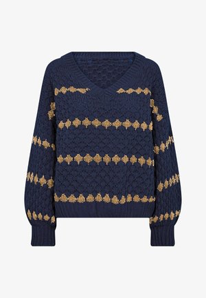 Laivastonsininen neulottu V-pääntiellä varustettu villapaita, jossa on vaaleanbeigejä vaakasuoria timanttikuvioita hihoissa ja vartalossa sekä resorit hihansuissa ja helmassa.